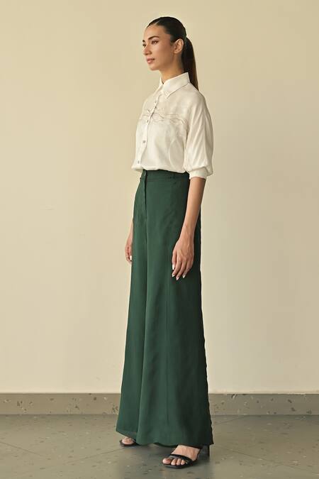 Shop_Somya Goyal_Green Super Organza Solid Parallel High-waisted Flared Trouser_Online_at_Aza_Fashions