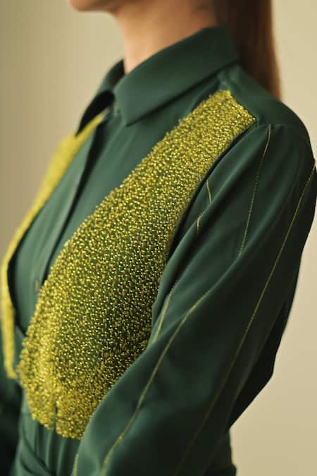 Somya Goyal_Green Tissue Collared Scrunched Sleeve Shirt Dress_Online_at_Aza_Fashions