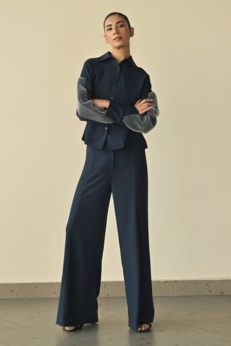 Shop_Somya Goyal_Blue Silk Collared Night Sky Drop Shoulder Shirt_Online_at_Aza_Fashions