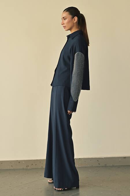 Somya Goyal_Blue Silk Collared Night Sky Drop Shoulder Shirt_at_Aza_Fashions