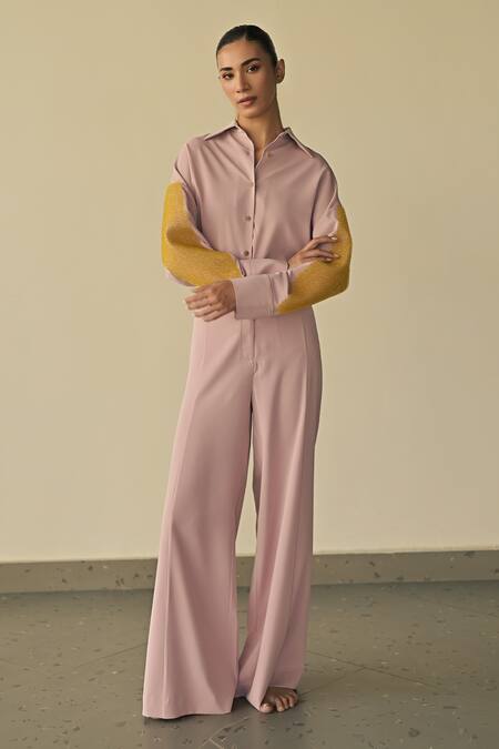 Somya Goyal_Pink 95% Microfibre Faille Embroidered Pvc Loop Hand-textured Panelled Shirt_Online_at_Aza_Fashions