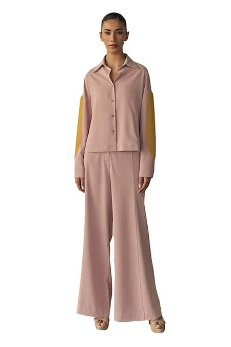 Buy_Somya Goyal_Pink 95% Microfibre Faille Embroidered Pvc Loop Hand-textured Panelled Shirt_Online_at_Aza_Fashions