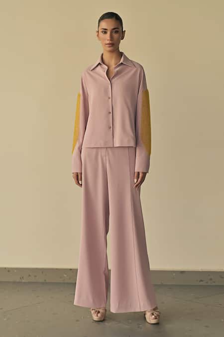 Shop_Somya Goyal_Pink 95% Microfibre Faille Embroidered Pvc Loop Hand-textured Panelled Shirt_Online_at_Aza_Fashions