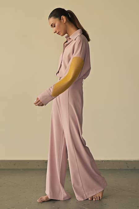 Somya Goyal_Pink 95% Microfibre Faille Embroidered Pvc Loop Hand-textured Panelled Shirt_at_Aza_Fashions