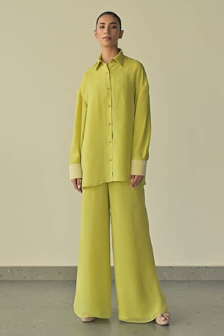 Somya Goyal_Green Organza Embroidered Pvc Loop Collar Cuff Shirt_Online_at_Aza_Fashions