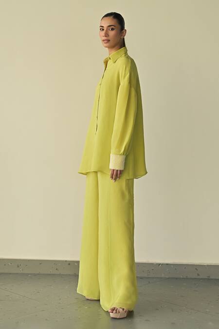 Somya Goyal_Green Organza Embroidered Pvc Loop Collar Cuff Shirt_at_Aza_Fashions