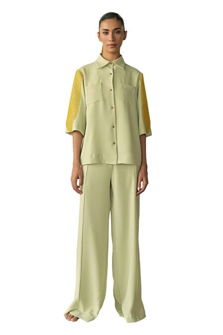 Somya Goyal_Green 95% Microfibre Faille Embroidered Pvc Loop Collar Crystal Patch Shirt_Online_at_Aza_Fashions