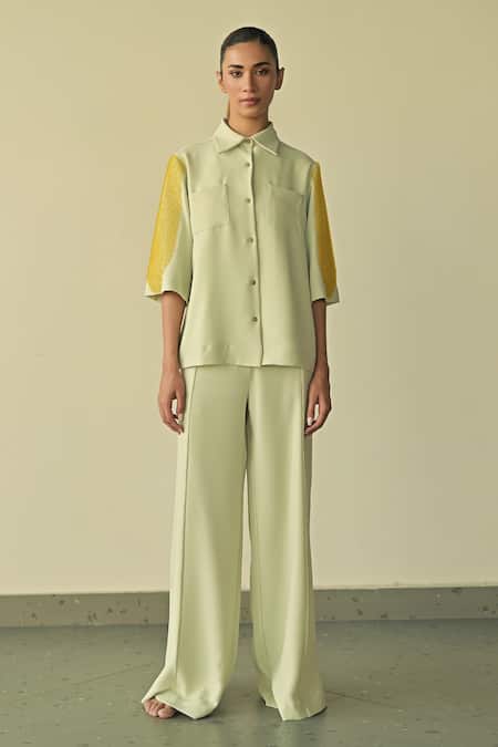 Buy_Somya Goyal_Green 95% Microfibre Faille Embroidered Pvc Loop Collar Crystal Patch Shirt_Online_at_Aza_Fashions