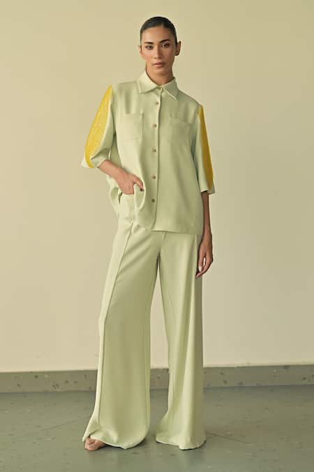 Shop_Somya Goyal_Green 95% Microfibre Faille Embroidered Pvc Loop Collar Crystal Patch Shirt_Online_at_Aza_Fashions