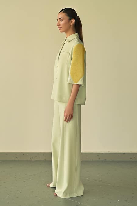 Somya Goyal_Green 95% Microfibre Faille Embroidered Pvc Loop Collar Crystal Patch Shirt_at_Aza_Fashions