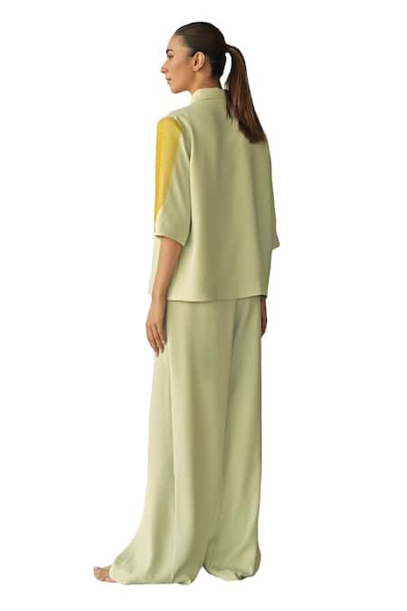 Shop_Somya Goyal_Green 95% Microfibre Faille Embroidered Pvc Loop Collar Crystal Patch Shirt