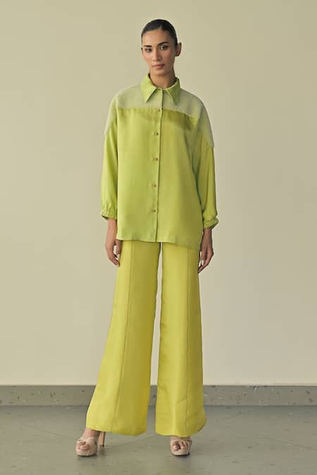 Somya Goyal_Green Upada Embroidered Pvc Loop Collar Eclipse Kimono Shirt_Online_at_Aza_Fashions