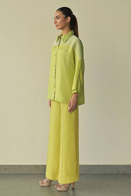 Buy_Somya Goyal_Green Upada Embroidered Pvc Loop Collar Eclipse Kimono Shirt_Online_at_Aza_Fashions