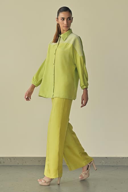 Shop_Somya Goyal_Green Upada Embroidered Pvc Loop Collar Eclipse Kimono Shirt_Online_at_Aza_Fashions