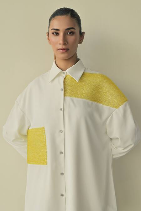 Shop_Somya Goyal_White 95% Microfibre Faille Embroidered Pvc Loop Collar Box Shirt_Online_at_Aza_Fashions