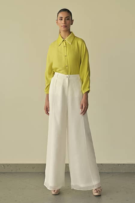 Somya Goyal_Green Paper Silk Embroidered Pvc Loop Collar Shirt_Online_at_Aza_Fashions