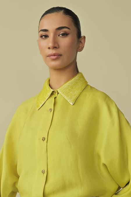 Shop_Somya Goyal_Green Paper Silk Embroidered Pvc Loop Collar Shirt_Online_at_Aza_Fashions