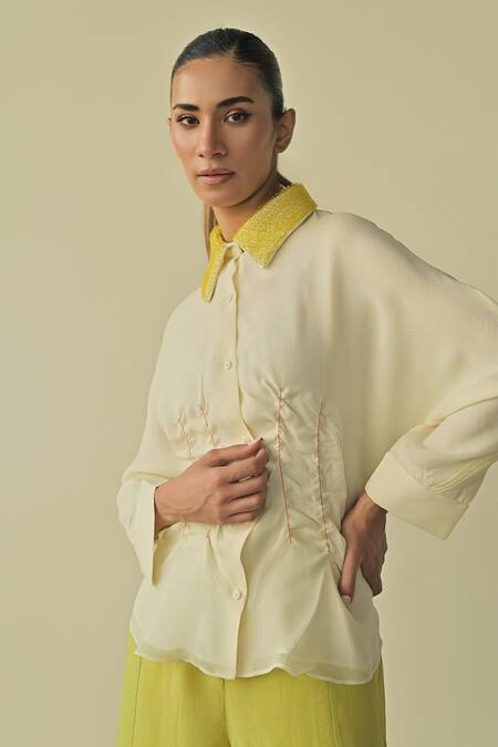 Somya Goyal_Off White Pure Organza Embroidered Pvc Loop Collar Scrunched Waist Shirt_Online_at_Aza_Fashions