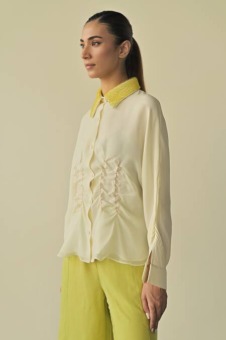 Buy_Somya Goyal_Off White Pure Organza Embroidered Pvc Loop Collar Scrunched Waist Shirt_Online_at_Aza_Fashions