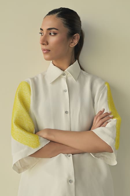 Shop_Somya Goyal_White Organza Embroidered Pvc Loop Collar Crystal Shirt_Online_at_Aza_Fashions