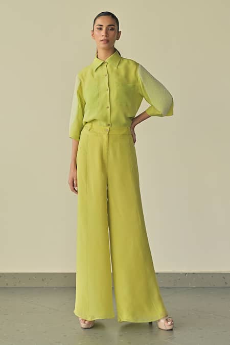 Somya Goyal_Green Organza Embroidered Pvc Loop Collar Crystal Double Layer Shirt_Online_at_Aza_Fashions