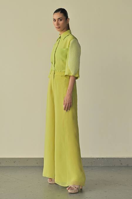 Buy_Somya Goyal_Green Organza Embroidered Pvc Loop Collar Crystal Double Layer Shirt_Online_at_Aza_Fashions