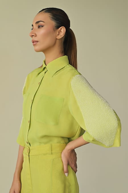 Shop_Somya Goyal_Green Organza Embroidered Pvc Loop Collar Crystal Double Layer Shirt_Online_at_Aza_Fashions