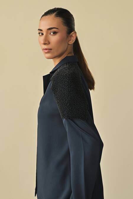 Somya Goyal Blue Bombay Thin Embroidered Pvc Loop Lapel Shoulder Shirt Online at Aza Fashions Somya Goyal_Blue Bombay Thin Embroidered Pvc Loop Lapel Shoulder Shirt_Online_at_Aza_Fashions