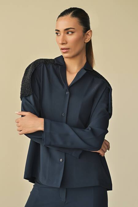 Buy Somya Goyal Blue Bombay Thin Embroidered Pvc Loop Lapel Shoulder Shirt Online at Aza Fashions Buy_Somya Goyal_Blue Bombay Thin Embroidered Pvc Loop Lapel Shoulder Shirt_Online_at_Aza_Fashions