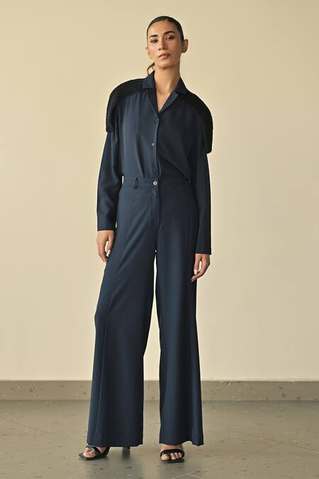 Shop Somya Goyal Blue Bombay Thin Embroidered Pvc Loop Lapel Shoulder Shirt Online at Aza Fashions Shop_Somya Goyal_Blue Bombay Thin Embroidered Pvc Loop Lapel Shoulder Shirt_Online_at_Aza_Fashions