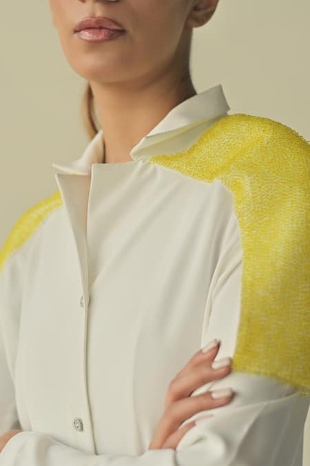 Buy_Somya Goyal_White Cotton Embroidery Collared Shoulder Shirt_Online_at_Aza_Fashions