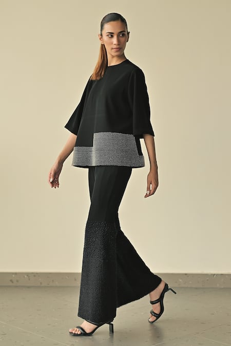 Somya Goyal_Black Spandex, Microfiber, Polyester Round Neck Landscape Embroidered Top_Online_at_Aza_Fashions