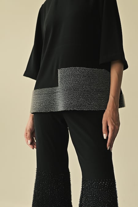 Buy_Somya Goyal_Black Spandex, Microfiber, Polyester Round Neck Landscape Embroidered Top_Online_at_Aza_Fashions