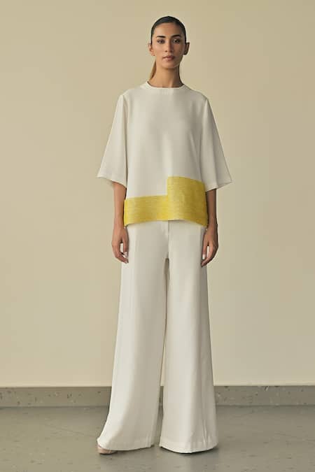 Somya Goyal_White 95% Microfibre Faille Embroidered Pvc Loop Round Landscape Top_Online_at_Aza_Fashions