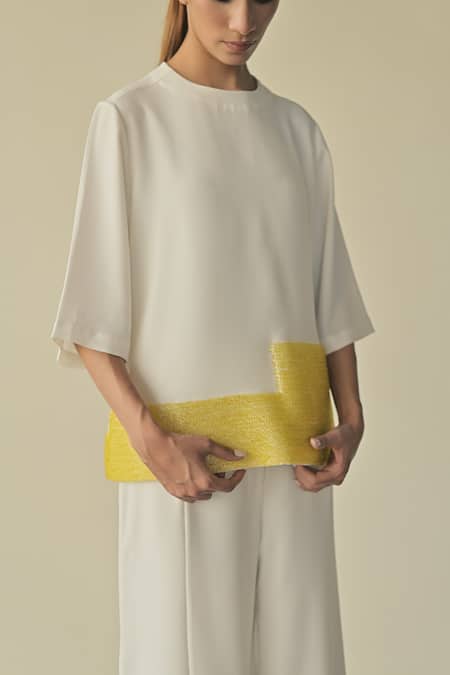 Shop_Somya Goyal_White 95% Microfibre Faille Embroidered Pvc Loop Round Landscape Top_Online_at_Aza_Fashions