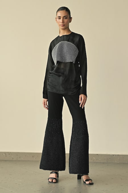 Somya Goyal_Black 95% Microfiber Faille Embroidered Pvc Loops Round Sheer Empire Top_Online_at_Aza_Fashions