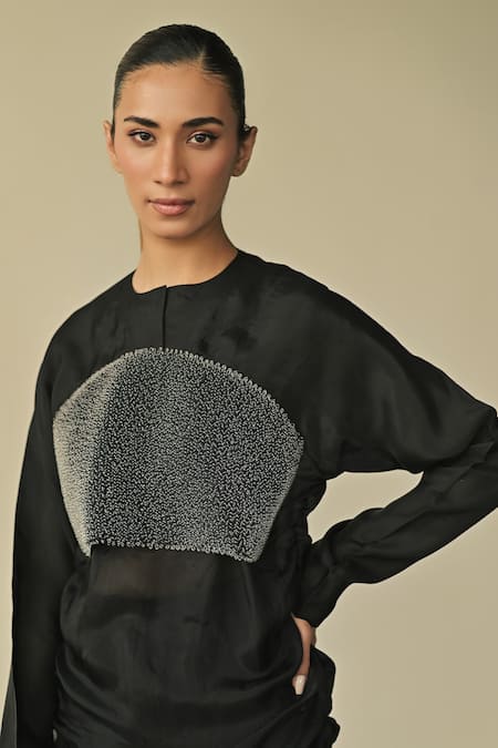 Buy_Somya Goyal_Black 95% Microfiber Faille Embroidered Pvc Loops Round Sheer Empire Top_Online_at_Aza_Fashions