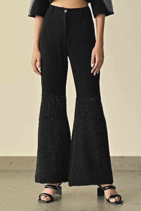 Buy_Somya Goyal_Black 95% Microfiber Faille Embroidered Pvc Loops Round Crystal Crop Top _Online_at_Aza_Fashions