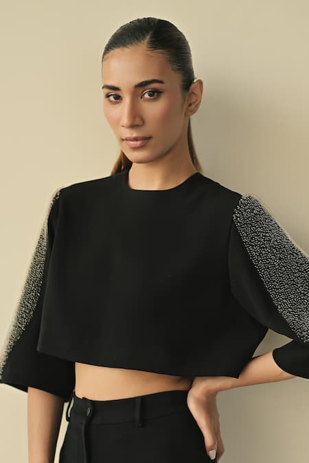 Somya Goyal_Black 95% Microfiber Faille Embroidered Pvc Loops Round Crystal Crop Top _at_Aza_Fashions
