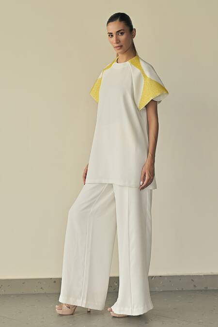 Somya Goyal_White 95% Microfiber Faille Embroidered Pvc Cord Round Contoured Overlay Top_Online_at_Aza_Fashions