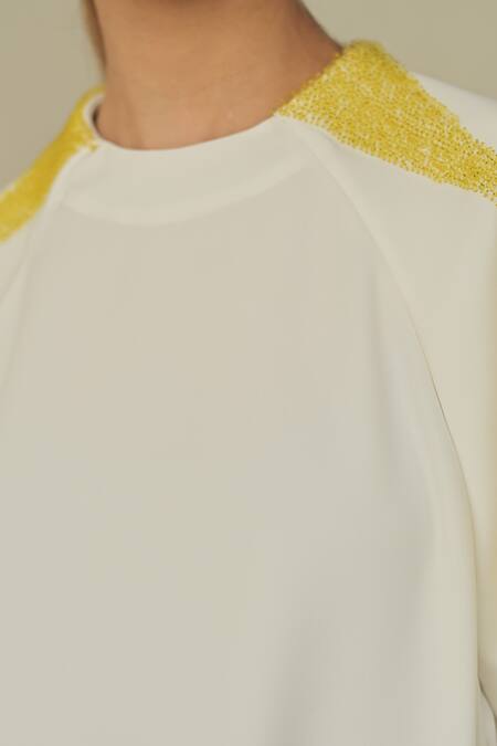 Shop_Somya Goyal_White 95% Microfiber Faille Embroidered Pvc Cord Round Contoured Overlay Top_Online_at_Aza_Fashions