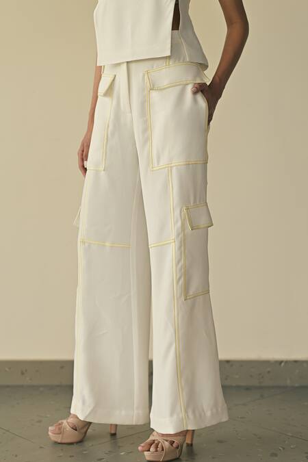 Somya Goyal_White 95% Microfiber Faille Embroidered Pvc Cord Square Contour 3d Slit Top_Online_at_Aza_Fashions