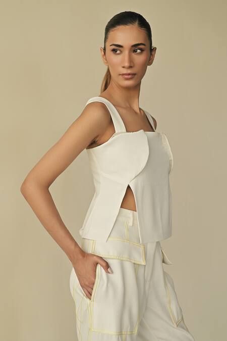 Buy_Somya Goyal_White 95% Microfiber Faille Embroidered Pvc Cord Square Contour 3d Slit Top_Online_at_Aza_Fashions