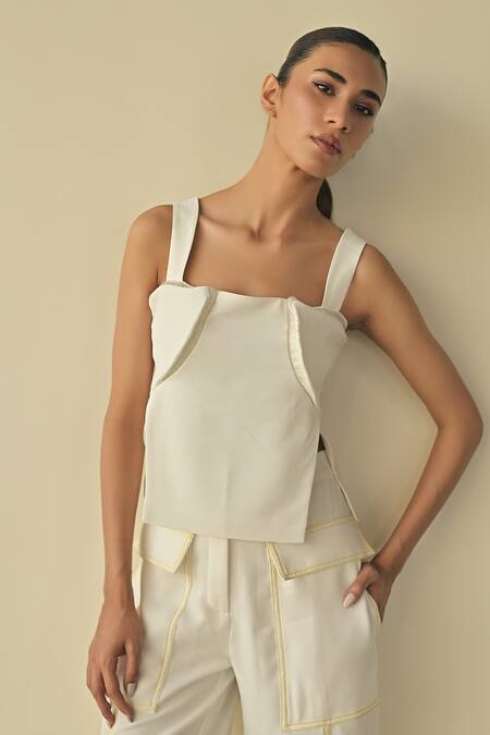 Shop_Somya Goyal_White 95% Microfiber Faille Embroidered Pvc Cord Square Contour 3d Slit Top_Online_at_Aza_Fashions