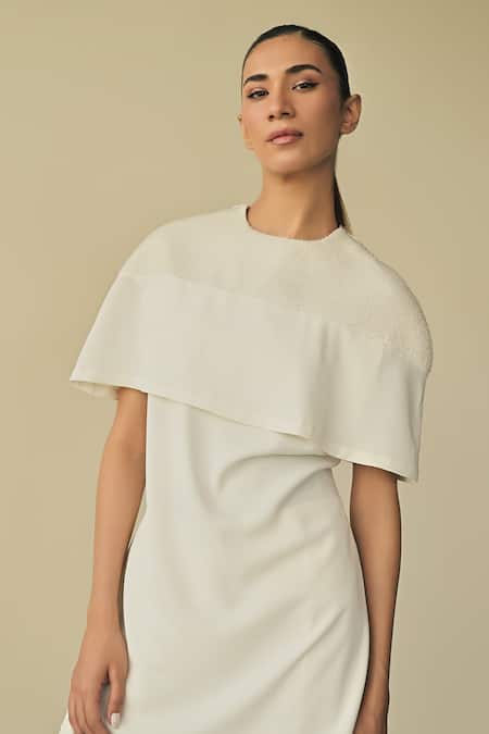 Shop_Somya Goyal_White 95% Microfiber Faille Embroidered Pvc Cord Round Cape Top _Online_at_Aza_Fashions