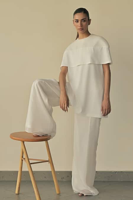 Somya Goyal_White 95% Microfiber Faille Embroidered Pvc Cord Round Cape Top _at_Aza_Fashions
