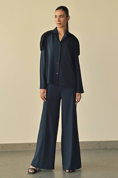 Somya Goyal_Blue 95% Microfiber Faille Parallel Trouser_Online_at_Aza_Fashions