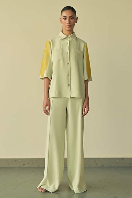 Somya Goyal Green 95% Microfiber Faille Parallel Trouser Online at Aza Fashions Somya Goyal_Green 95% Microfiber Faille Parallel Trouser_Online_at_Aza_Fashions