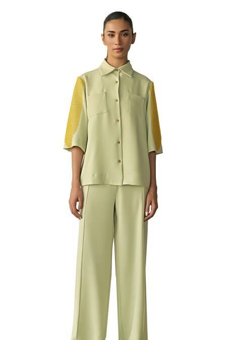 Buy Somya Goyal Green 95% Microfiber Faille Parallel Trouser Online at Aza Fashions Buy_Somya Goyal_Green 95% Microfiber Faille Parallel Trouser_Online_at_Aza_Fashions