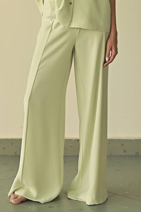 Shop Somya Goyal Green 95% Microfiber Faille Parallel Trouser Online at Aza Fashions Shop_Somya Goyal_Green 95% Microfiber Faille Parallel Trouser_Online_at_Aza_Fashions